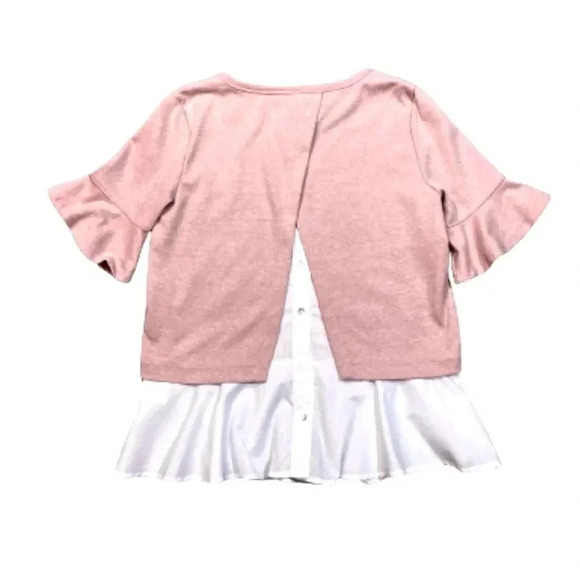JUNE & DELANCEY SWEATER OXFORD BLOUSE PINK & WHITE CAP RUFFLE  SLEEVE SIZE SMALL - Picture 3 of 9